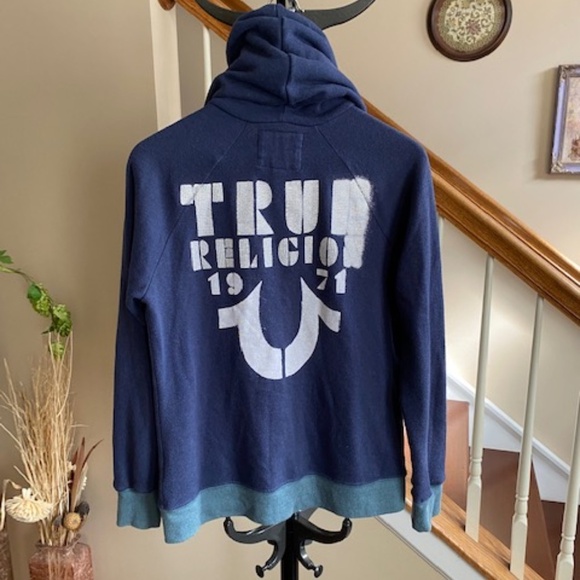 True Religion Y2K Branded Stencil Raglan Hoodie Navy Blue Bling Logo Size L - Picture 2 of 14